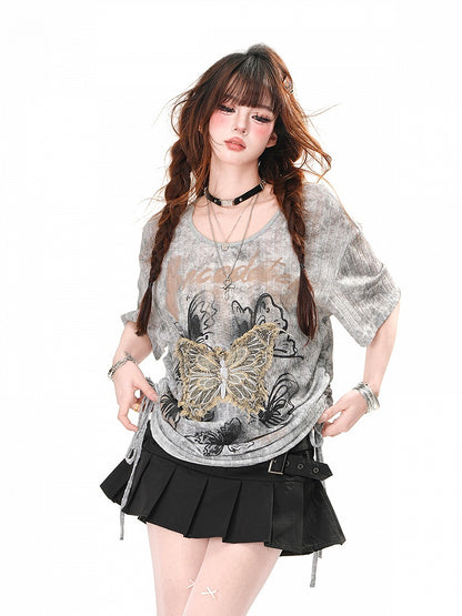 Black/Gray Butterfly Applique and Print Drawstring Waist Loose T-Shirt