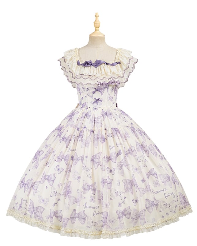 Purple Bows and Butterfly Lolita Dress Two Ways Wear Neckline