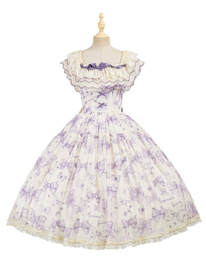 Purple Bows and Butterfly Lolita Dress Two Ways Wear Neckline