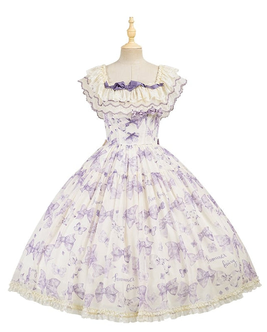 Purple Bows and Butterfly Lolita Dress Two Ways Wear Neckline