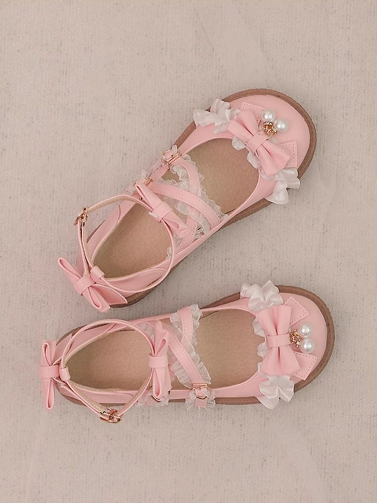 Ruffles Lace Lolita Beaded with Charm Pink Bow Ornate Flats Top - Crisscross Hime Straps