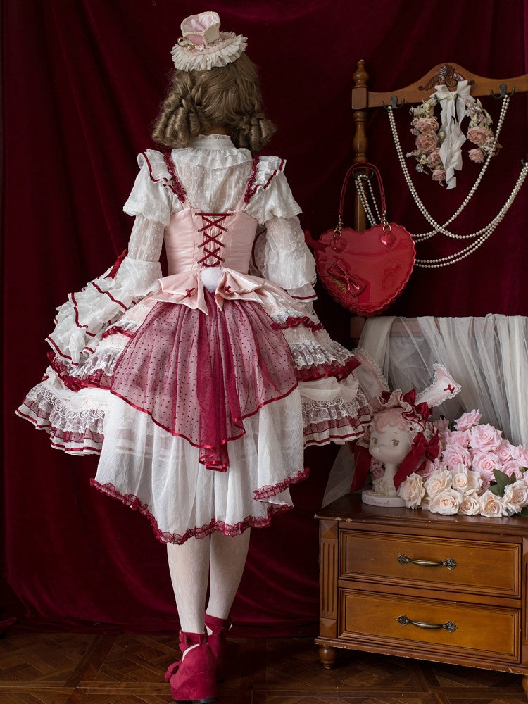 White Ruffled Neck Lolita Tiered Bell Sleeves Blouse Red Bows - Starry Messenger
