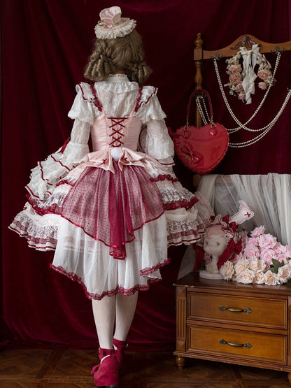 Pink & Red Hanayome Lolita Layered Hime JSK Dress with Bow Accents - Starry Messenger