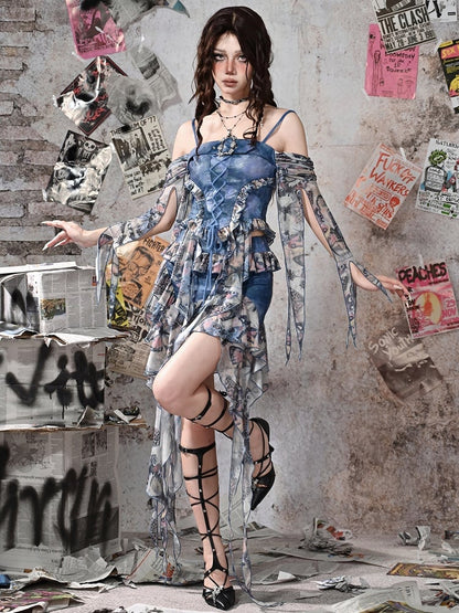 グランジ パンク ロック フェアリーコア ブルー バタフライ メッシュ パッチワーク トップ フラウンス ヘム