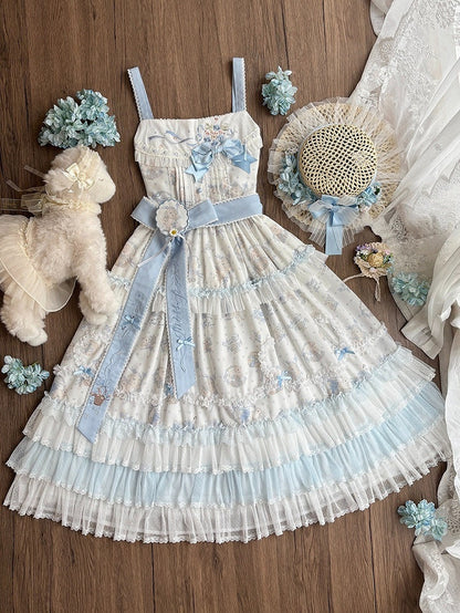 Blue Flower & Lamb Print Embroidered Neckline Lolita JSK Dress - Miss Point
