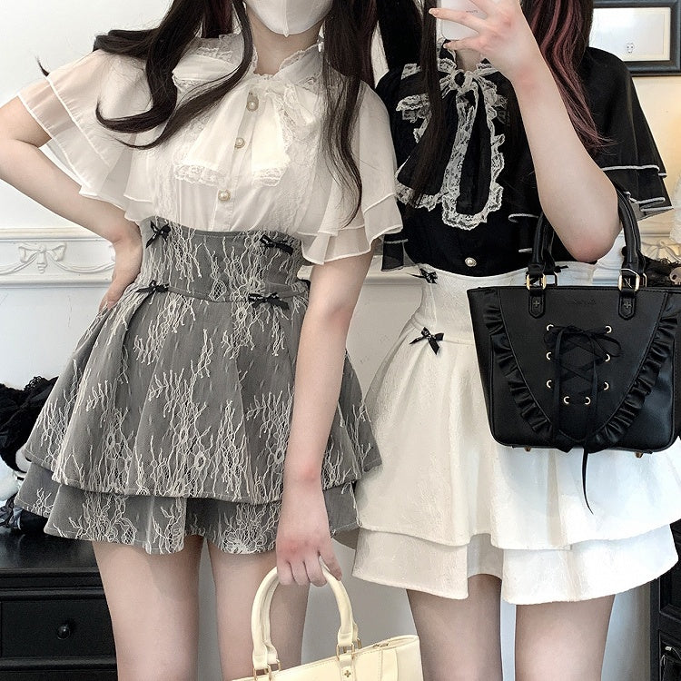 レースネックライン ジライ ブラック/ピンク/ホワイト ショールブラウス kei セルフタイ ボウトリム シフォン