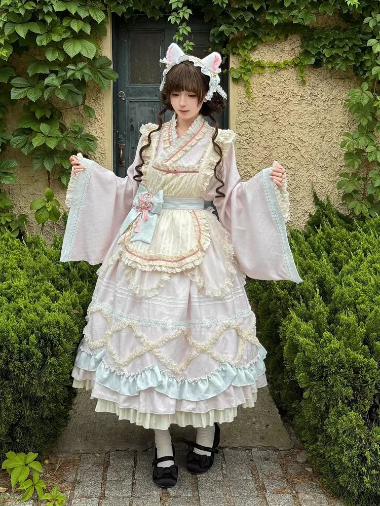 Hanfu-Inspired Lolita Top Set with Long Ruffle Skirt & Apron in Pink Blue - Berry Story Lolita