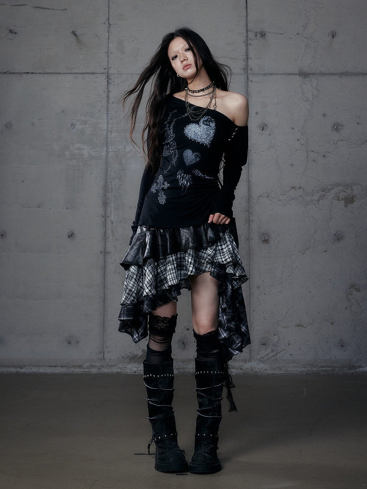 Grunge Aesthetic Neck Punk Black Side Stretch Button Details Asymmetrical Top with