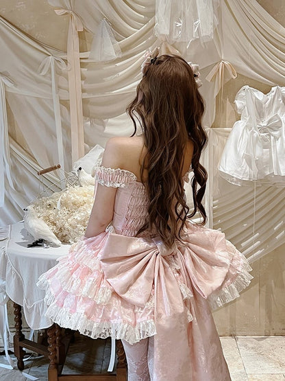 Rose Layered Lace Balletcore Accents Pink Beige Dress with