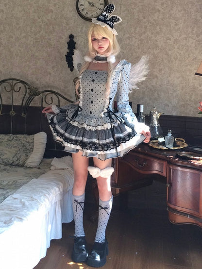 Dress Lace-Up Tiered Details Lace - Choker Polka-dot Skirt Grey Trim with Side