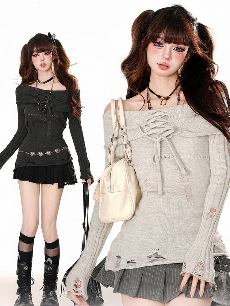 Light Grey/Dark Grey Lace-up Detail Distressed Off-Shoulder Knit Top