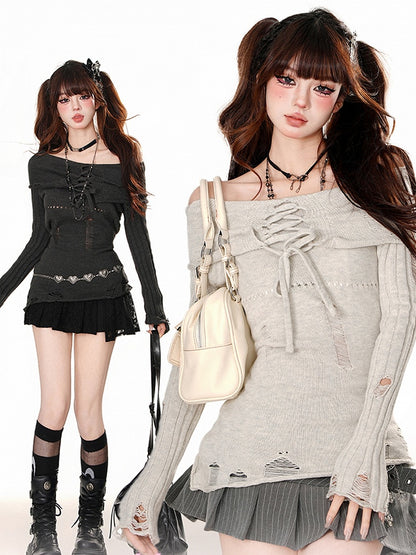 Light Grey/Dark Grey Lace-up Detail Distressed Off-Shoulder Knit Top