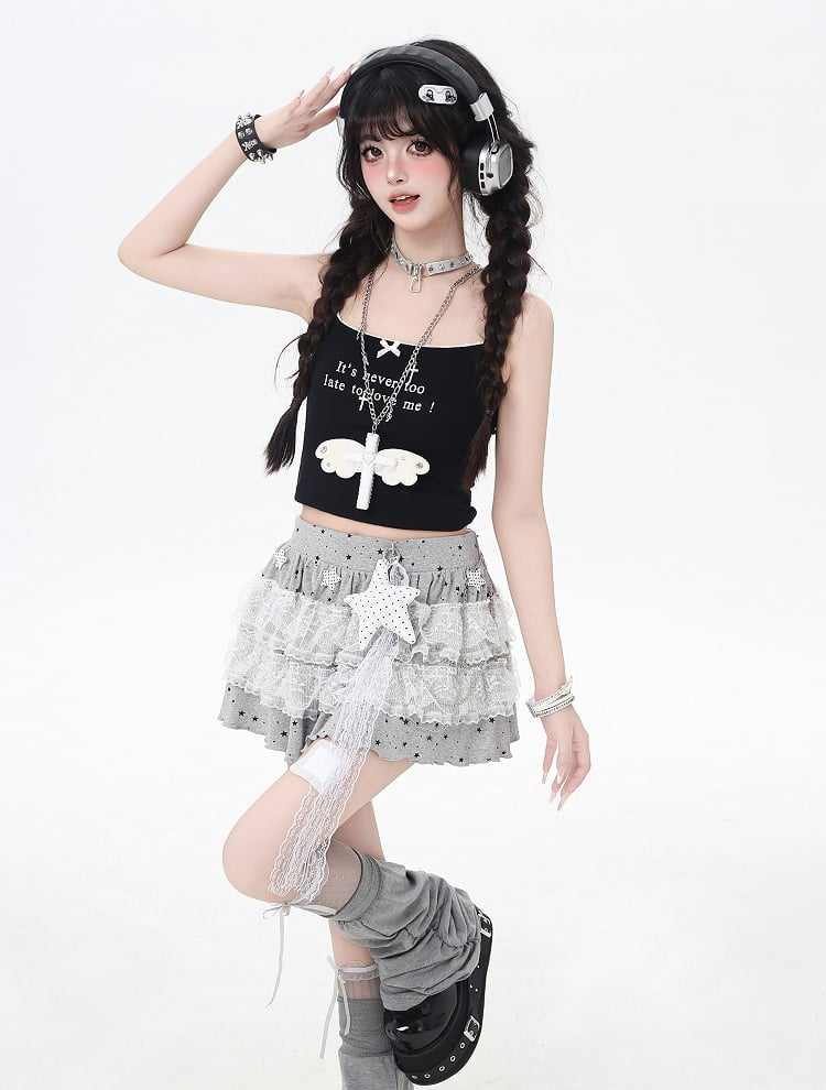 Rock Grau/Schwarz Elastische Taille Stern Applikationen Spitze Trim Tiered Strick Licht