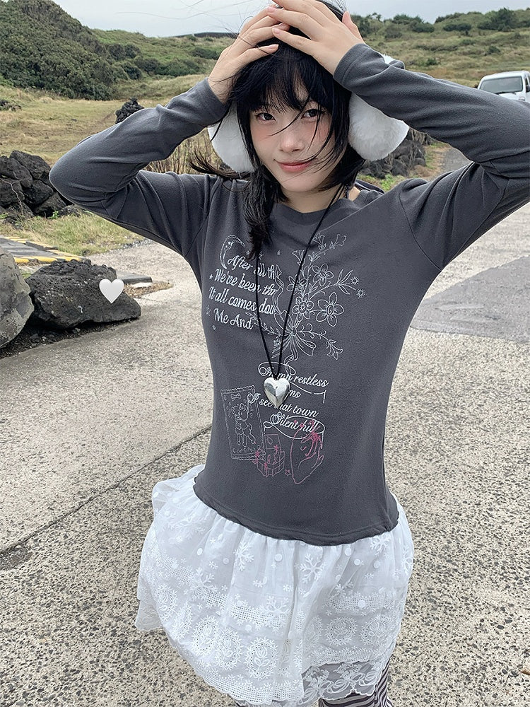 Lace Tiered Hugging Top Print Gray Bear White / with