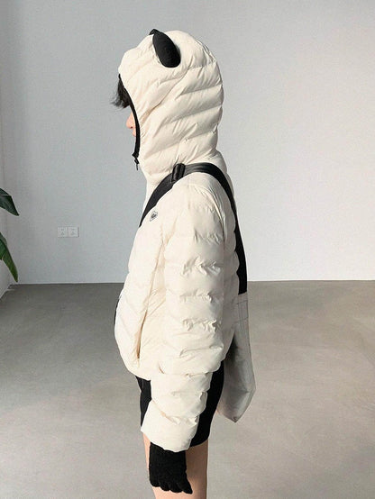 White Jacket Zipper Panda Ear with Decor Hood - Ribbed Daily Kawaii Down Front Hooded