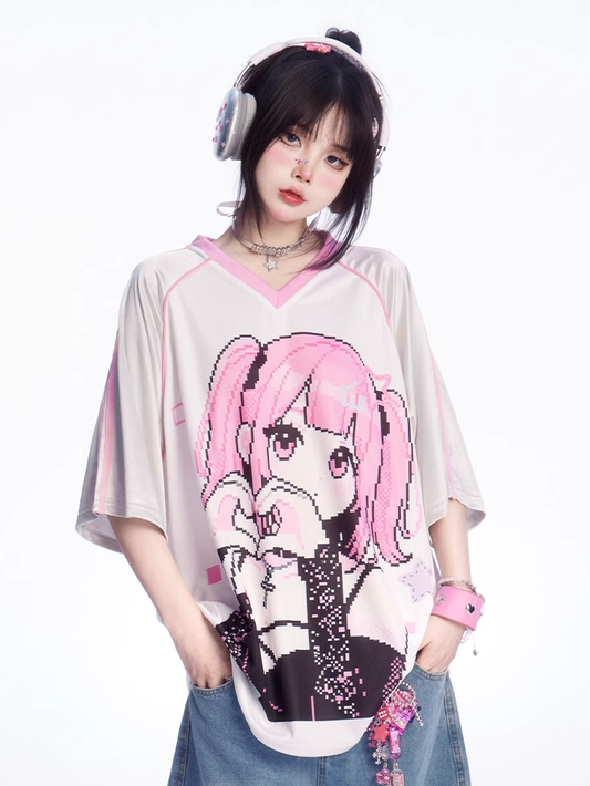 ピンクのルーズTシャツ Vネック 漫画ガールプリント ブロケットコア