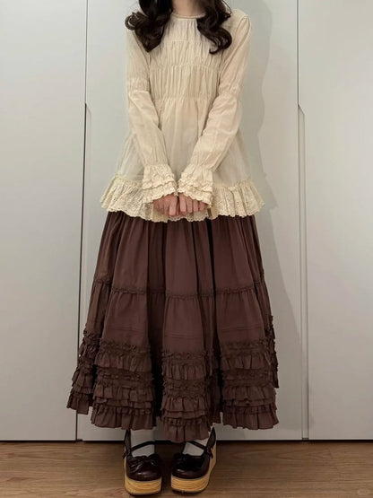 Cotton Multi-Layer Brown Hem Lolita Loose Elegant Skirt Ruffled