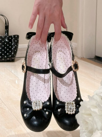 ジェーンズとラウンドロリータブラックトゥビーズディテールラインストーン装飾シューズメアリーボウノット