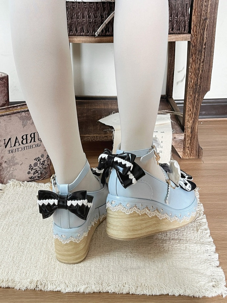 Kawaii Lolita Black & Blue Round Toe Platform Shoes with Rabbit Ear Detail - Cheese Mango