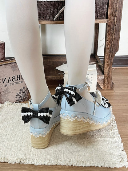 Kawaii Lolita Black & Blue Round Toe Platform Shoes with Rabbit Ear Detail - Cheese Mango