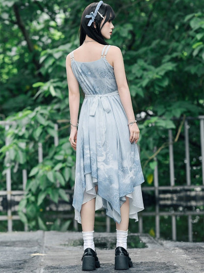 Blue Chiffon Cami Dress with Deer Print & Asymmetric Hem - Quirky Hut