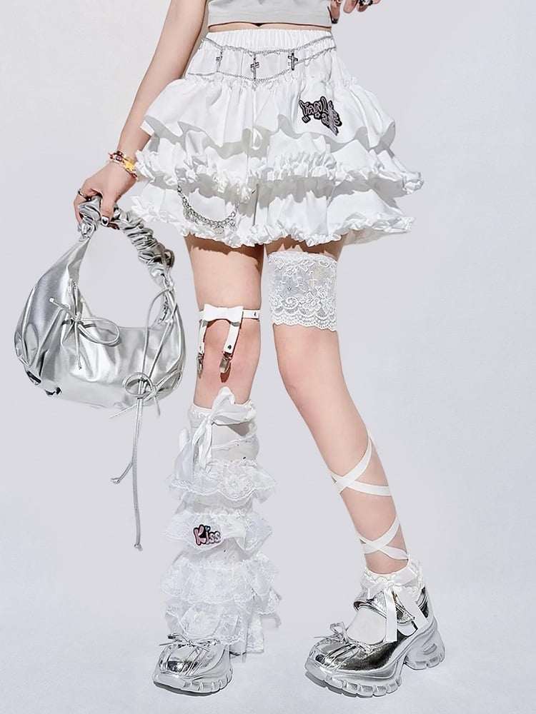 Accents Chain Detachable Trim Ruffle White Skirt Y2K - Tiered