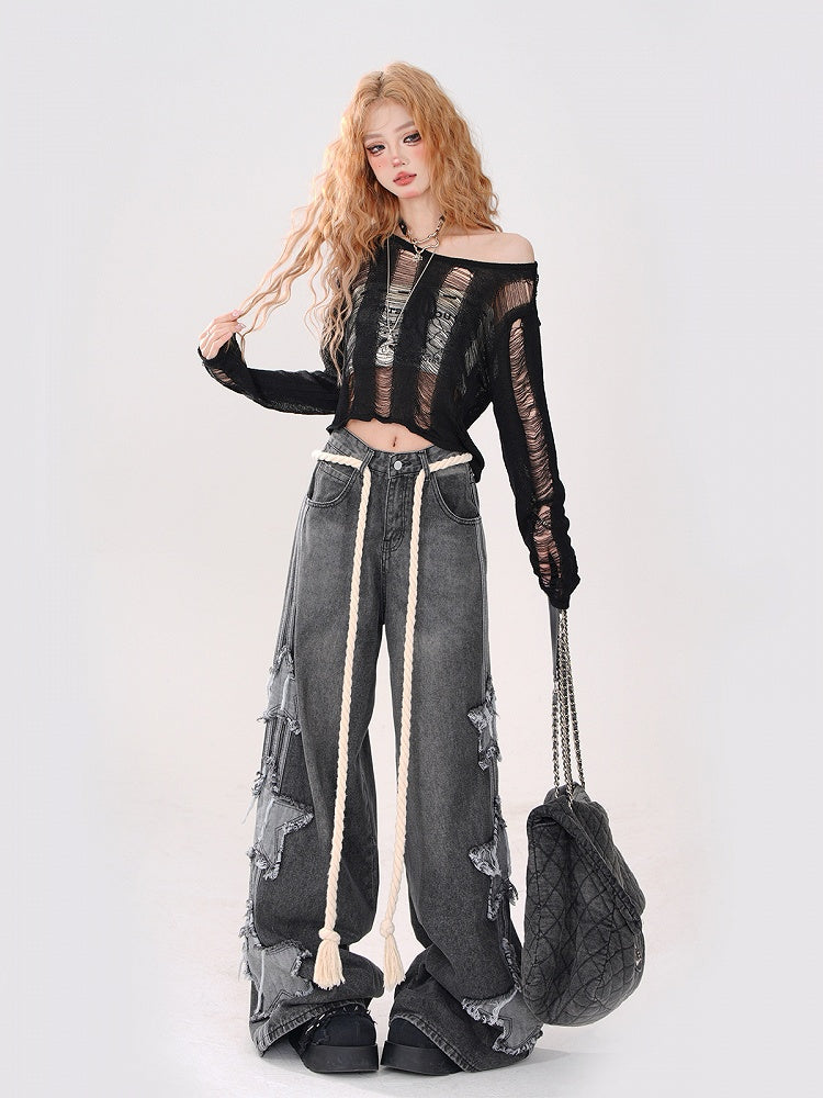 Crop Top Detailing Black Neckline - Asymmetrical Knit Intricate Distressed