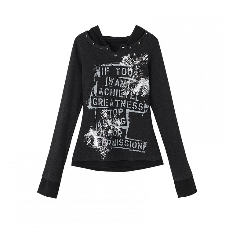 Black Layered-Look V-Neck Top with Letter Print
