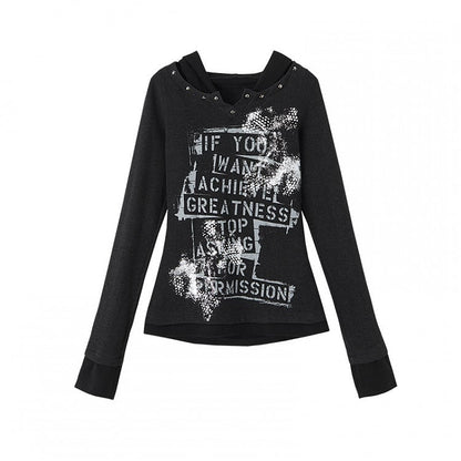 Schwarzes Fake-Zweiteiler-Top mit V-Ausschnitt und Buchstaben-Print