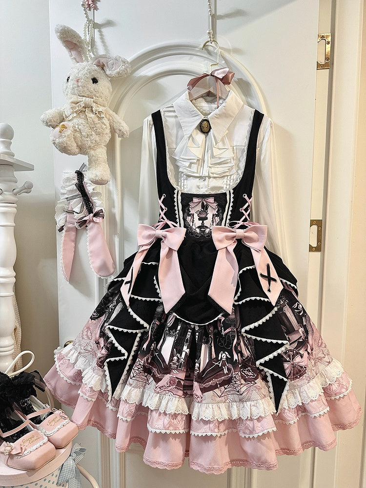 Süßes Lolita-Kleid mit Hasen- und Sargmotiv in Schwarz und Rosa