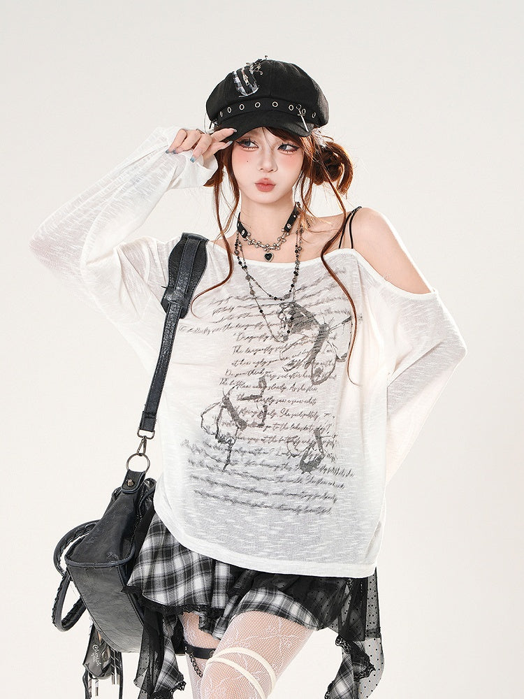 Butterfly Print Asymmetrical Neckline Khaki/White Coverup Semi-sheer