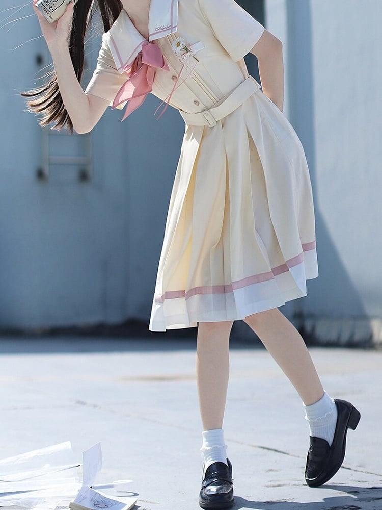 mit Faltenkasten Matrosengelb Milch Taille Kleid Rock Kragen Gürtel