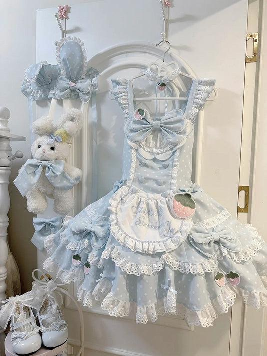 with Cute Dress Lace Baby Strawberry Blue Polka Bow Themed Details Dot Lolita JSK and