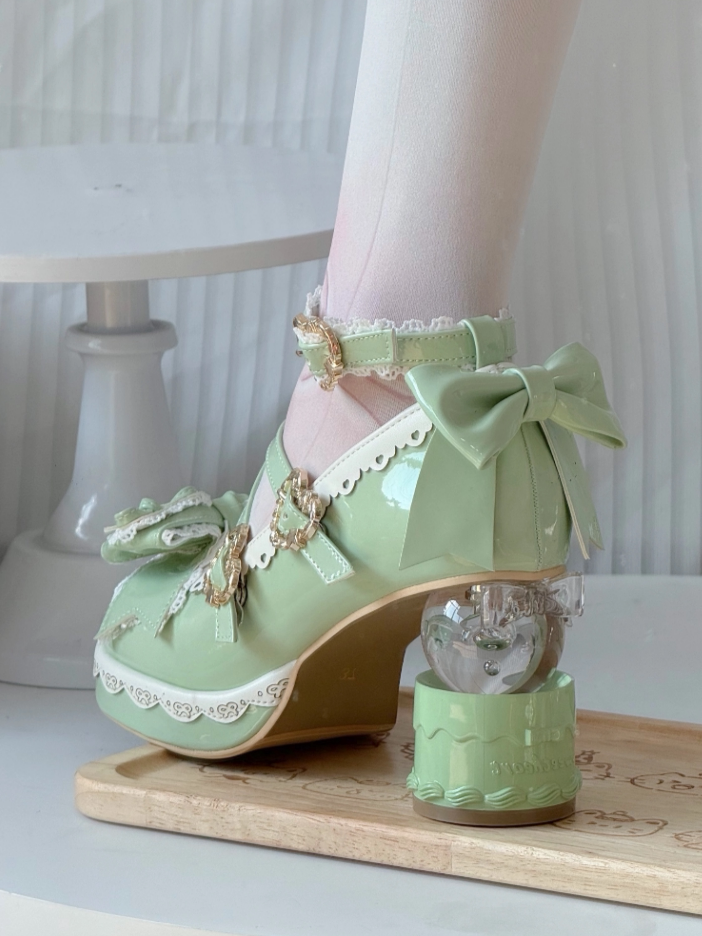 Green in Sweet Lace-trimmed Bow Platform Transparent Heels Ball - Lolita Light Shoes