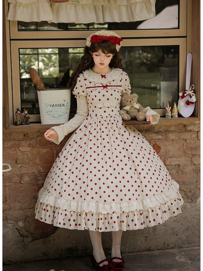 Long Beige and Red Polka Dot Puff-Sleeve Faux Layered Lolita OP Set with Apron - With PUJI
