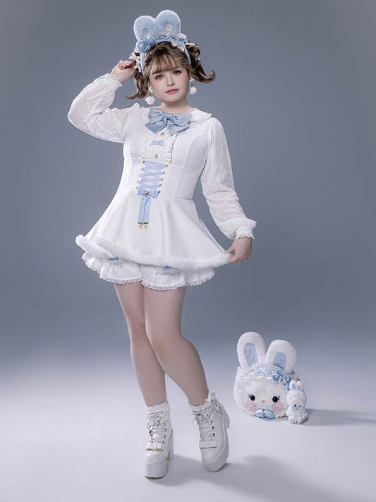 White Landmine Dress Blue Matching Shorts Plush Set Bunny Bow Ear Brooch Style Full Cape Lace +