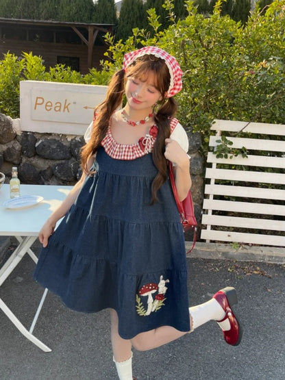 Bunny and Mushroom Embroidery Red Navy Blue Sleeveless Dress Neckline Plaid
