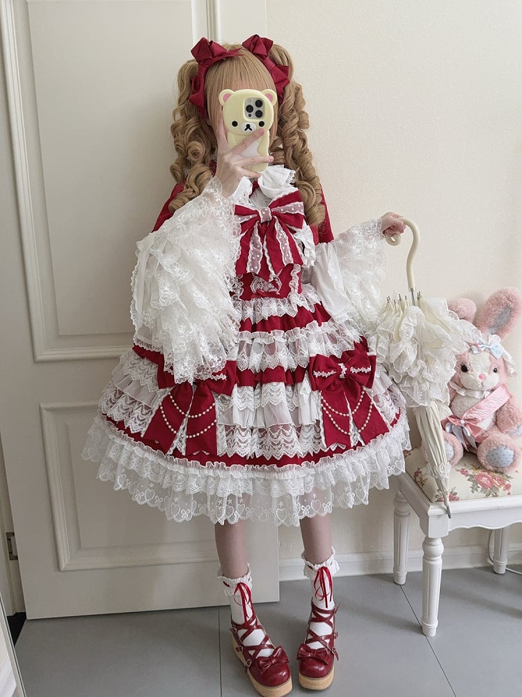 Lolita Red Decoration Hanayome Dress Bows Tiered Skirt Big