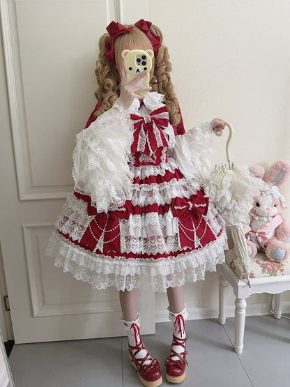 Lolita Red Decoration Hanayome Dress Bows Tiered Skirt Big