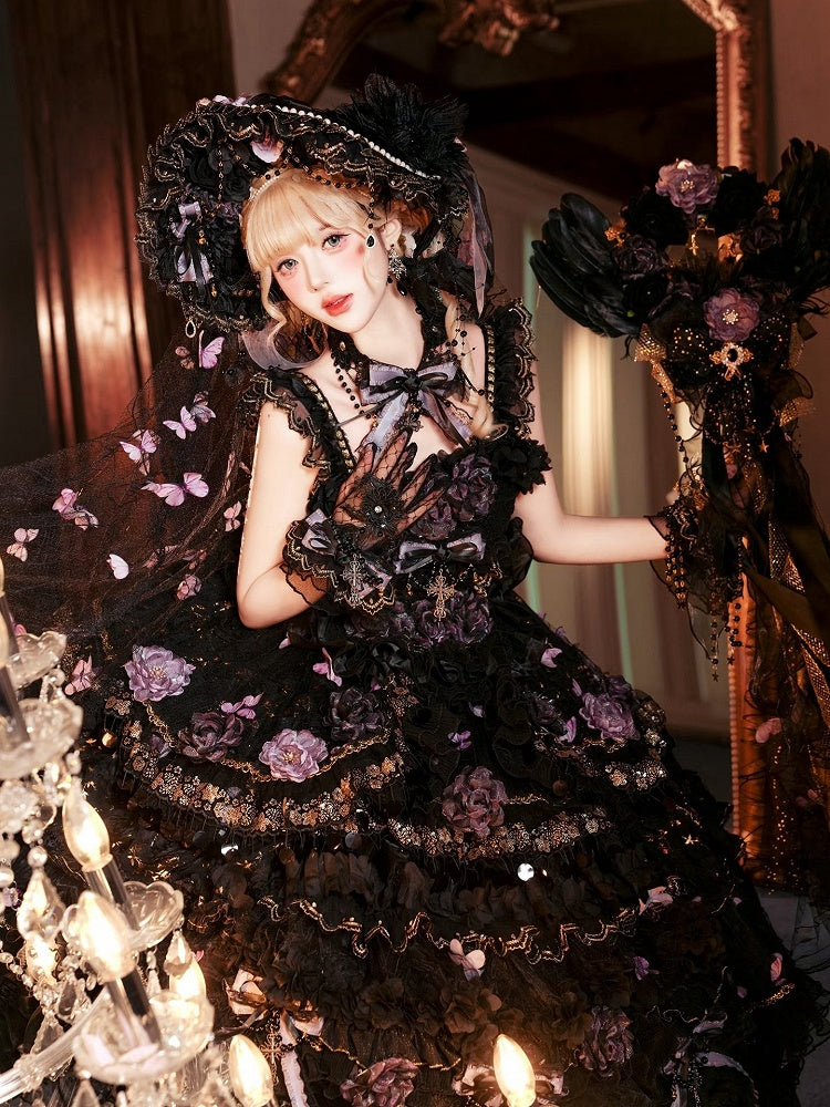 Ankle-Length Black & Purple Hanayome Hime Dress with Butterfly and Flower Accents - Cat Fairy Lolita