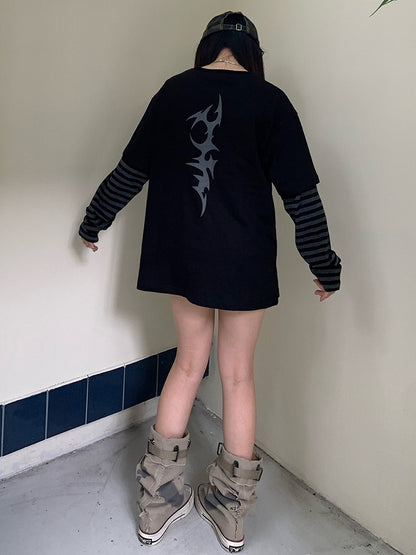 ブラックフェイクツーピースグラフィックTシャツ