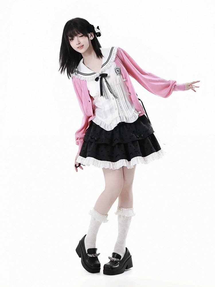 バッジホワイトセーラーカラーカーブヘムノースリーブトップスと取り外し可能な蝶結び付き