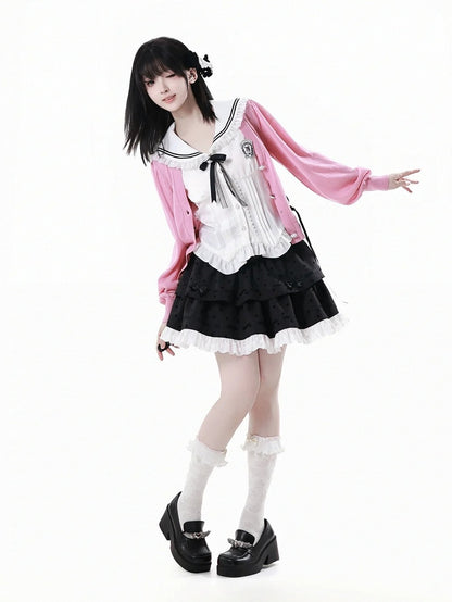 バッジホワイトセーラーカラーカーブヘムノースリーブトップスと取り外し可能な蝶結び付き