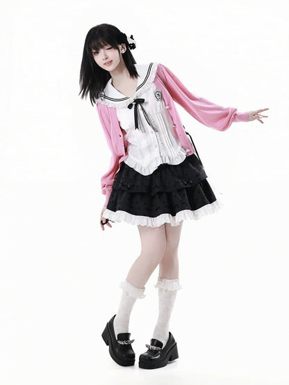 ピンクのレースアップディテール、フロントハートボタンプラケット、サマーニットカーディガン