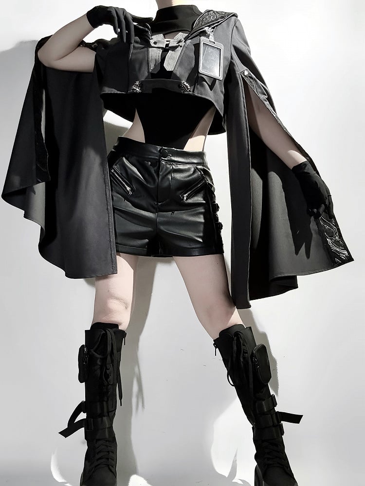 Ärmel XL Überlang Ouji Bodysuit Größe Leder Exklusiv + Futuristische Shorts Outfit Techwear Schwarze Jacke Cropped Lolita -