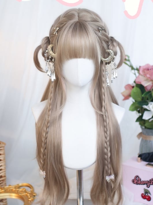Hellbraune, lange, gewellte Ponyfrisur mit Perücke, 60–65 cm