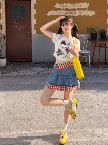 ツーピース ティアードデニムスカート レッドチェックヘム ブルーハイウエストフェイク