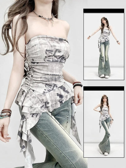 ストラップレス アシンメトリープリント ホワイトトップレター グラマラスヘム ビタースウィート