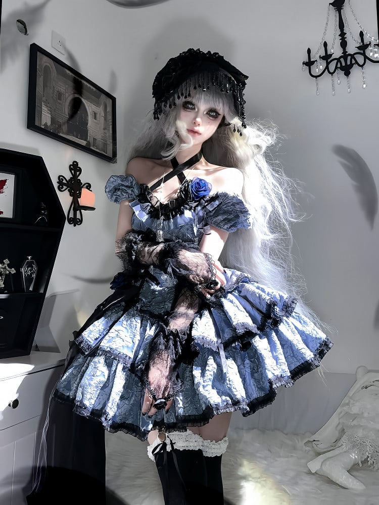 OP Floral Black Skirt Multi-Layered Lolita Dress Dark with and Blue Texture