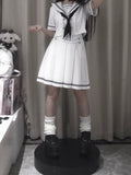 Pleated Sleeves White Navycore JK + Collar Short Skirt Uniform Sailor Set- Top